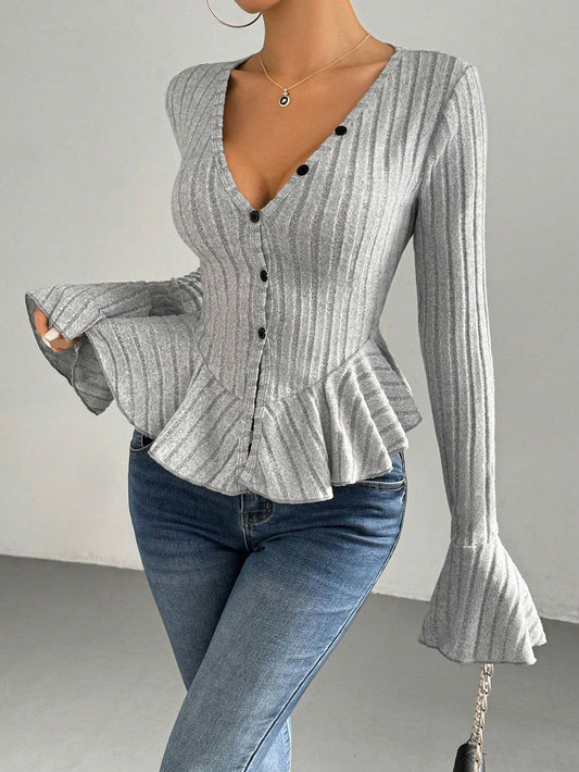 Elegant style women's V-neck ruffled slim fleece top for autumn and winter|women's clothing